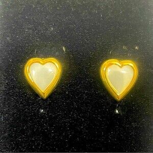 Vintage Heart Stud Earrings Gold w White Gemstone Post Back Dainty
